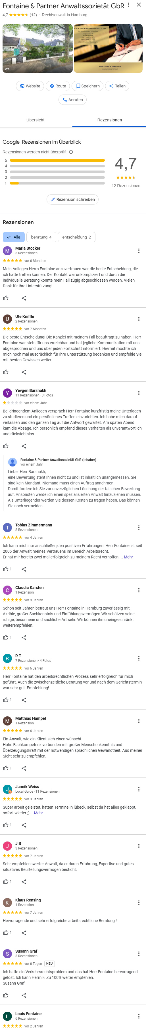 RAe Fontaine & Partner Anwaltssozietät GbR - Google Bewertung 2025